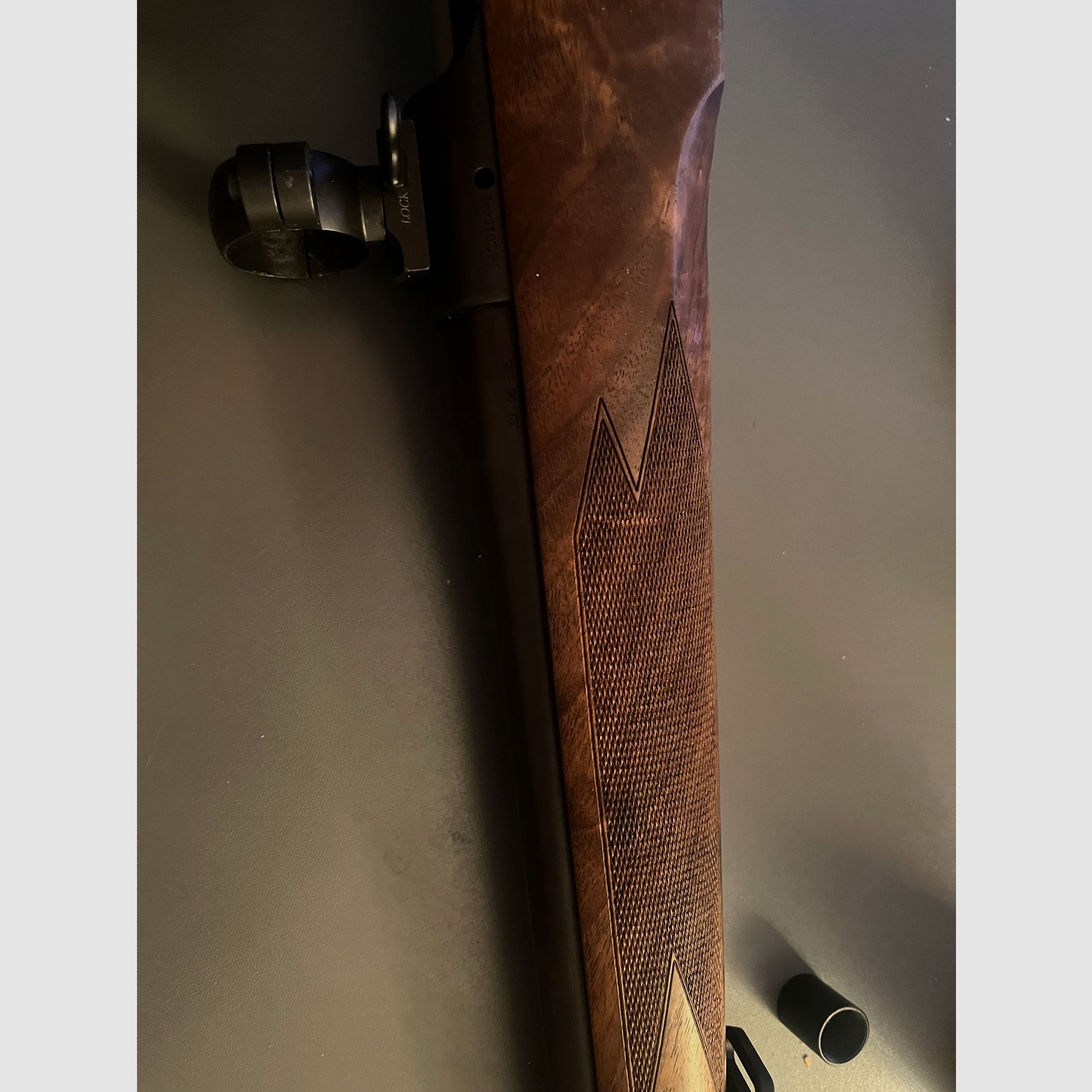 Mauser M12 wooden stock, caliber 30-06 with muzzle thread and hand cocking, very nice weapon.