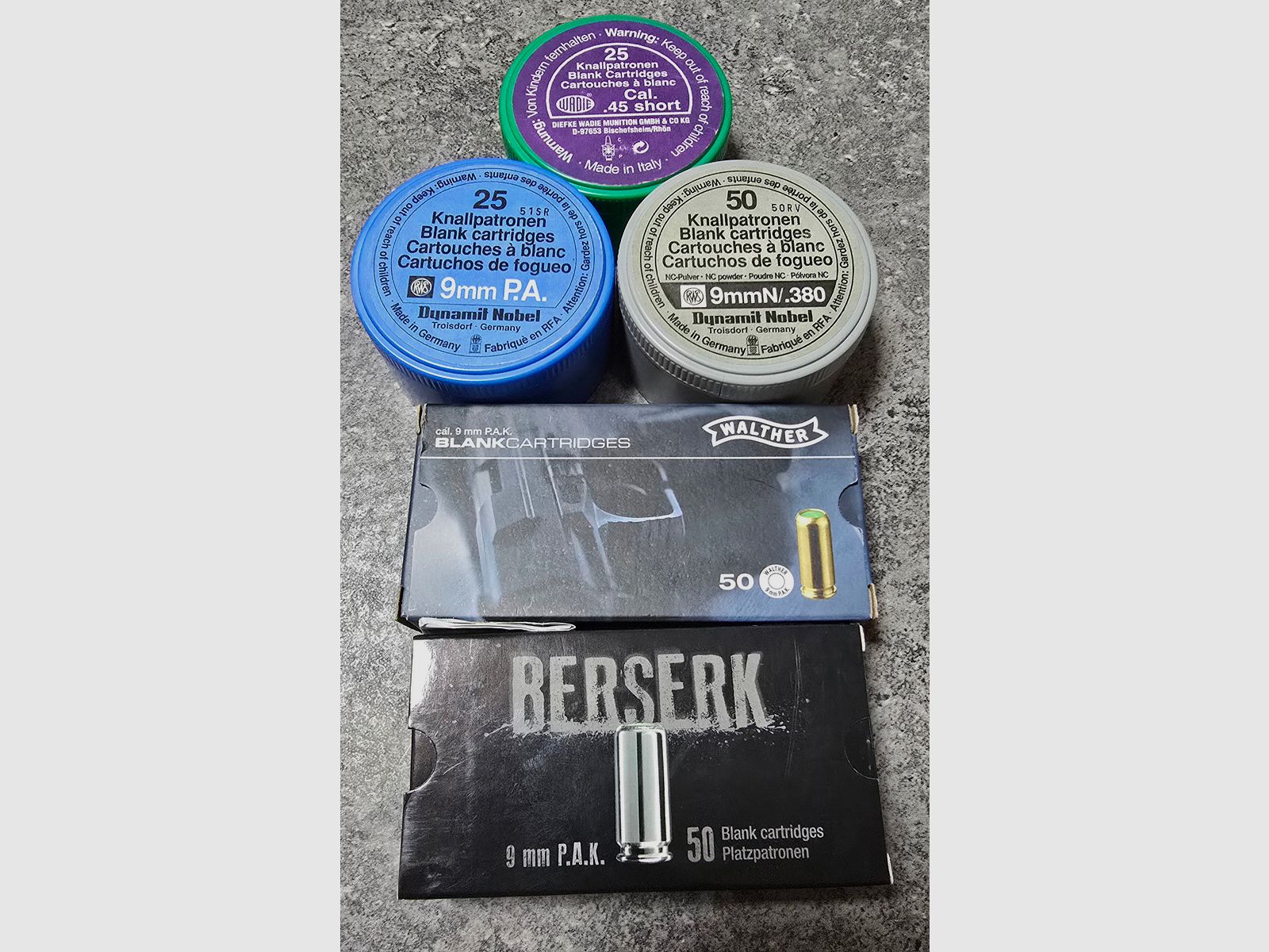 Platzpatronen 9mm PAK Pfeffer 9mm RK .45 Short Walther Skullfire RWS Berserk