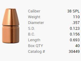 Proyectil Barnes .38 Special/.357 110GR M/LE Tac-XP Pistol FB 40 piezas