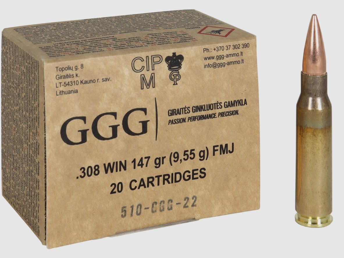 GGG .308 Win. 147GR FMJ BT 20 Patronen