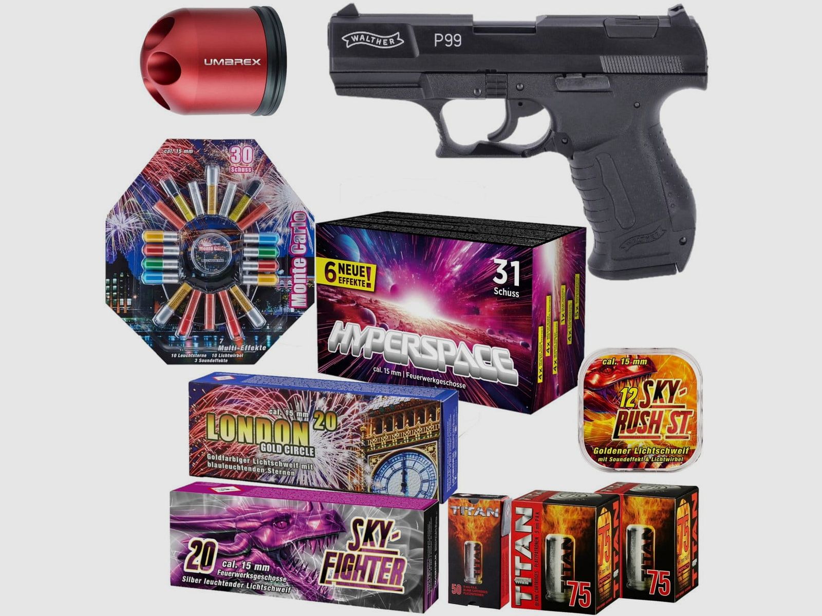 Silvester Set Walther P99 Schreckschuss Pistole 9 mm P.A.K. schwarz