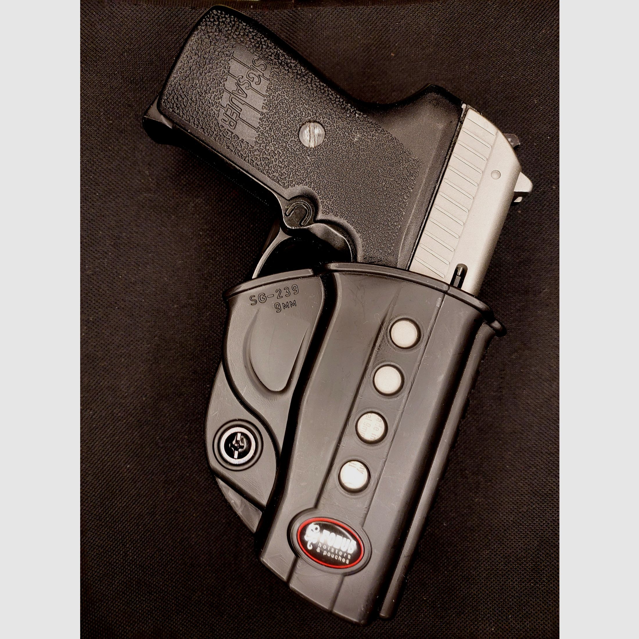 Sig Sauer P239 Nickel schreckschusspistool in kaliber 9 mm P.A.K. (PTB874) met Fobus holster