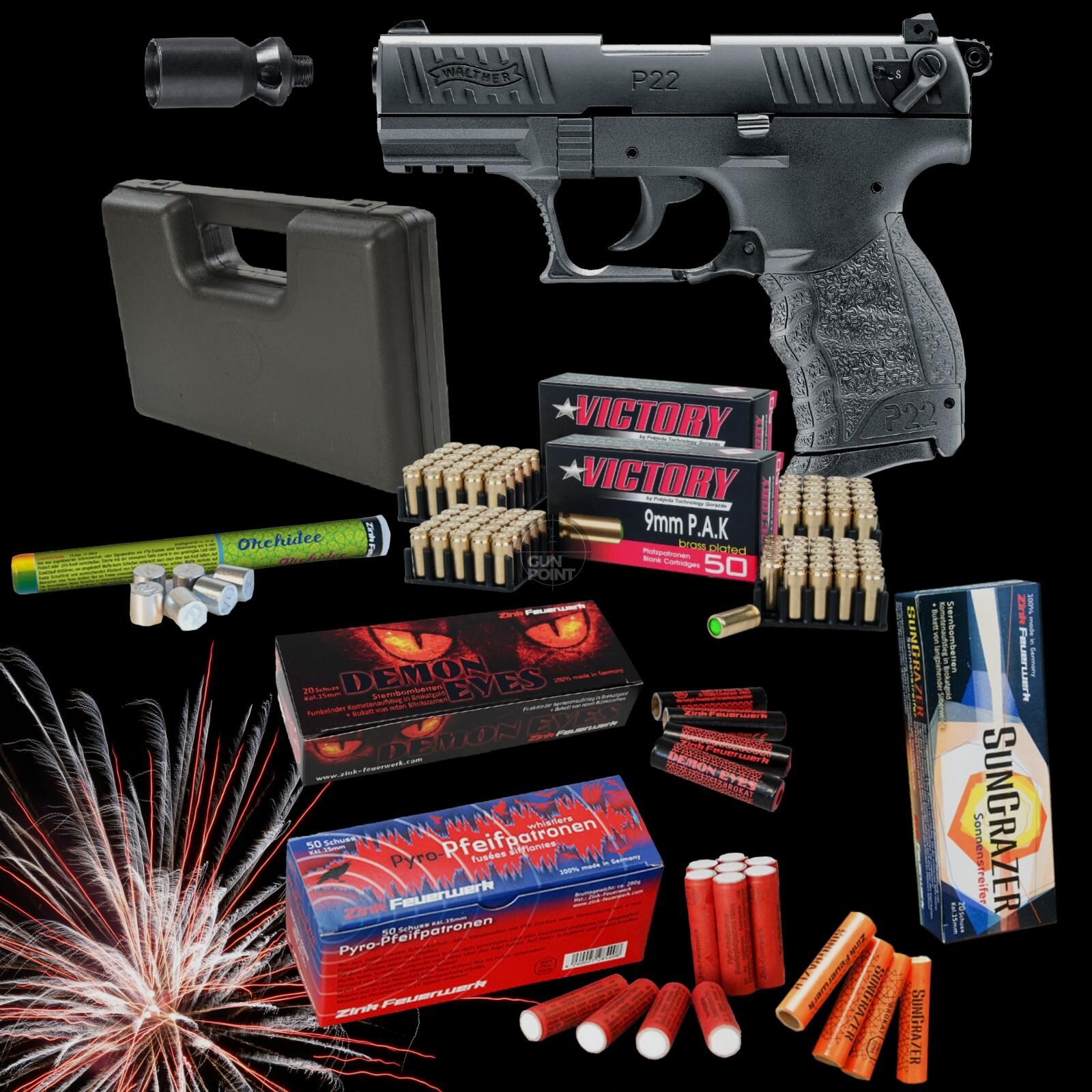 SILVESTER MEGASET !!! Schreckschuss - Pistole - Walther P22Q - 9 mm P.A.K. inkl. Koffer, 100 Platzpatronen & 100 Schuss Effektmunition