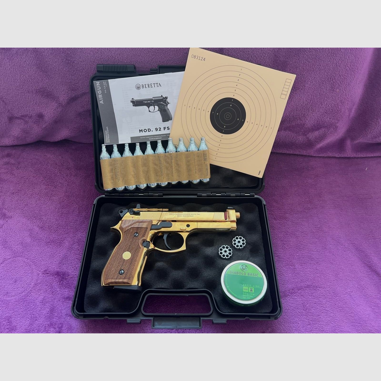 Beretta 92 FS CO2-Pistole – Exklusive Gold-Edition (24K) mit Echtholz Griffen-Rarität aus Sammlung (ungeschossen)