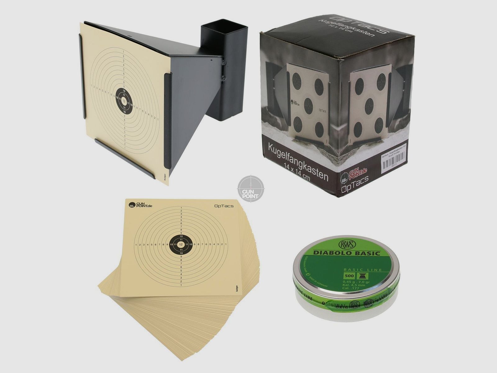 SET OpTacs - Kugelfang 14 x 14 cm inkl. 50 Zielscheiben & 500 Stk. RWS Diabolos Kal. 4,5 mm