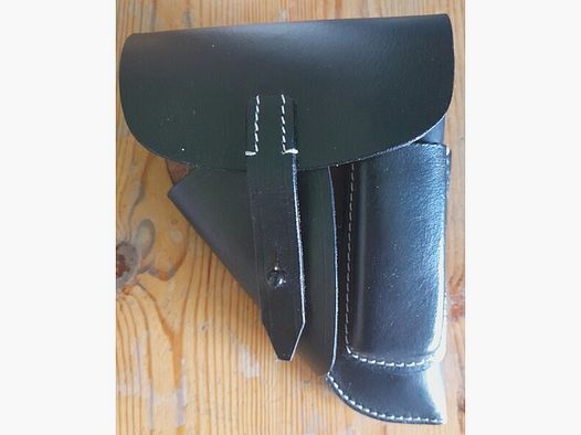 Holster für Walther PP - Schwarzes Leder (echt), weiße Nähte, mit Steckplatz Reservemagazin. NEU
