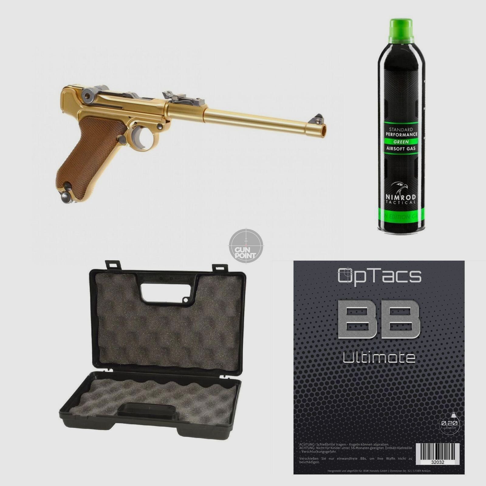SET !!! Softair - Pistole - WE - P08 8 Inch Full Metal GBB gold - ab 18, ber 0,5 Joule