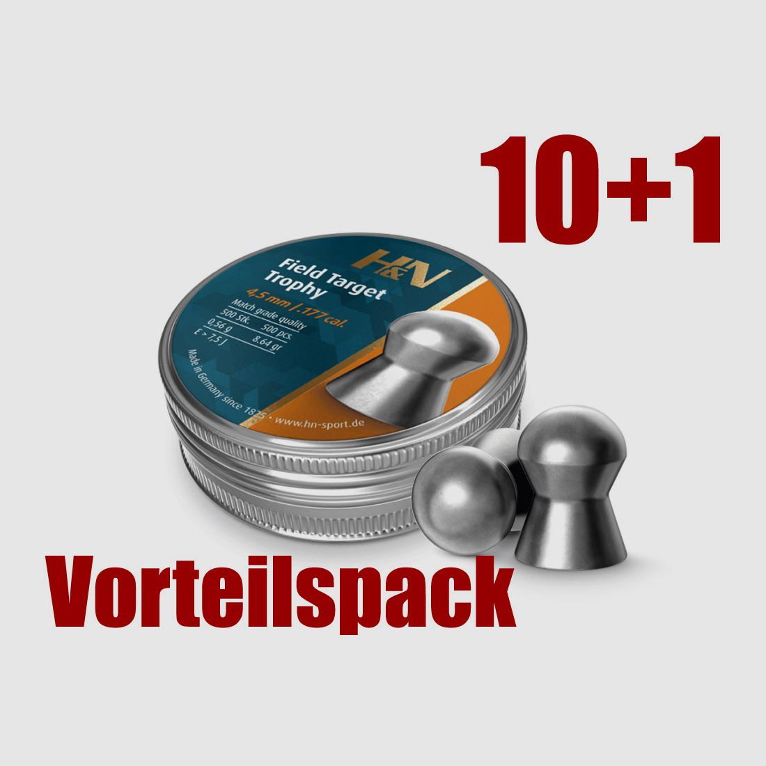 10+1 GRATIS x 500 StĂĽck H&N Field Target Trophy Diabolo, Rundkopf, glatt, 0,56 g, Kaliber 4,52 mm