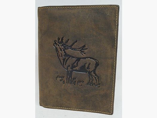 Jagdscheinetui Hirsch - braunes Antikleder,6 Fächer