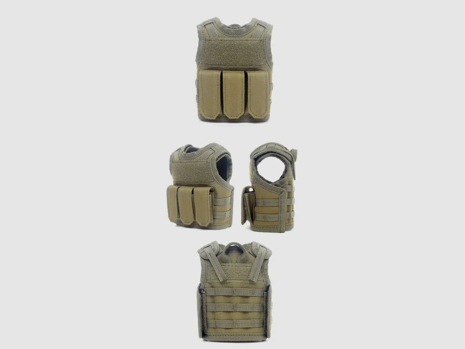 Mini Tactical Schutzweste mit Fronttaschen für Bierflasche / Weinflasche / Thermosflasche - Oliv
