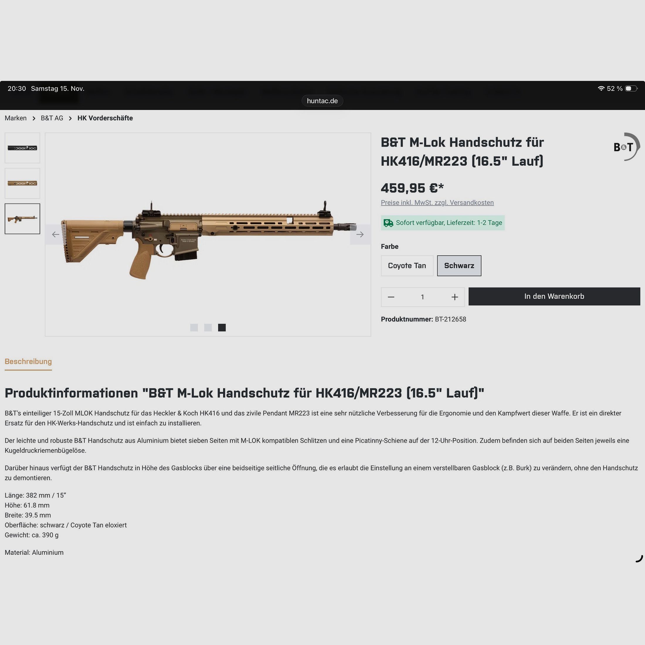 B&T M-LOK protezione per le mani per HK MR223 COYOTE TAN Cerakote lunga (per MR223 in 16,5")