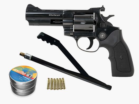 LEP Druckluft Revolver ME Bull Barrel 4 Zoll brĂĽniert Kaliber 5,5 mm (P18) + Handpumpe LEP Patronen Diabolos