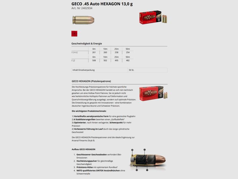 GECO Pistolenmunition .45Auto HEXAGON 50 Stk  13,0g/200grs