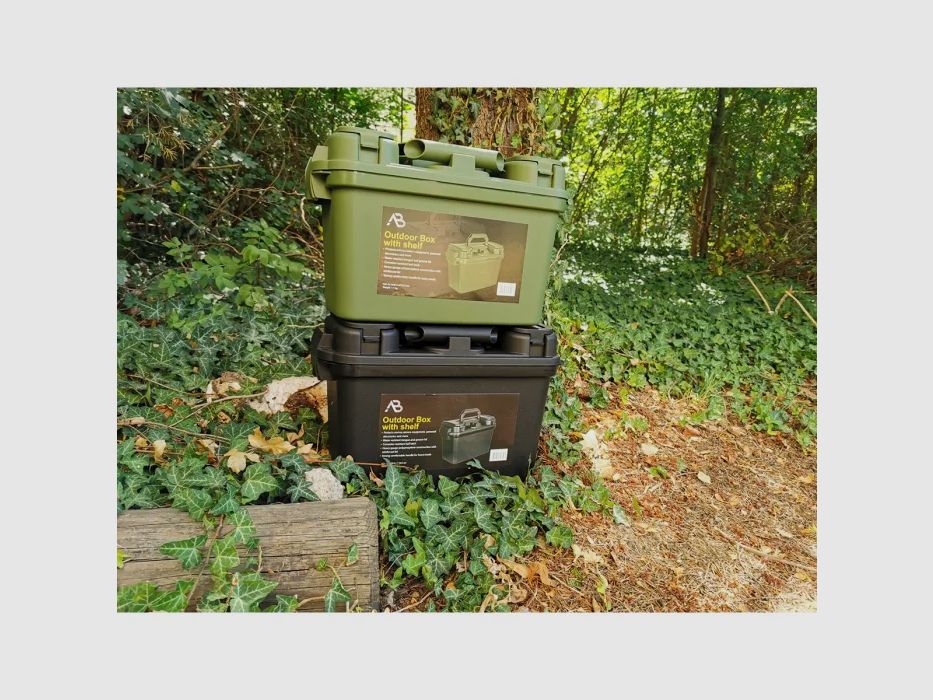 Box / Skrzynka amunicyjna z dnem wewnętrznym - 38 x 19 x 24 cm, oliwkowa - wodoodporna + zamykana, odporna na uderzenia plastik