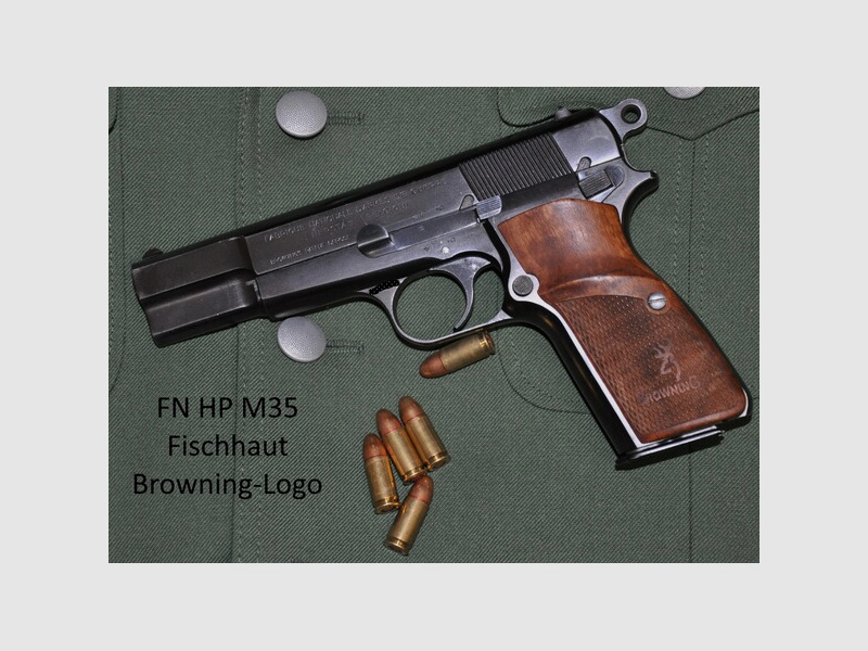 Nussbaumgriffschalen für Pistole FN HP M35 mit Browning-Logo