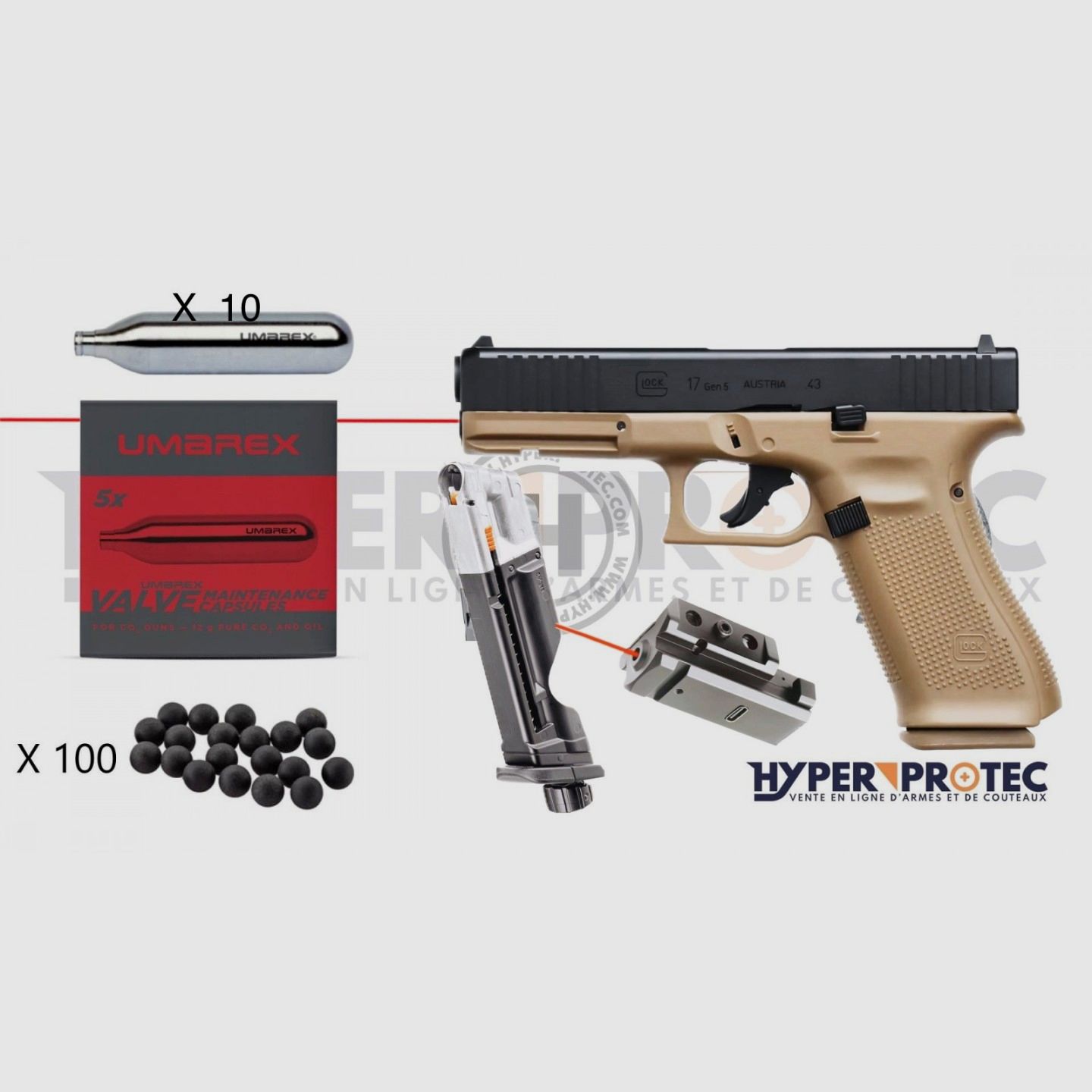 Ultimatives Pack Glock 17 Gen 5 T4E Kal. 43 Coyote – Pistole für Gummigeschosse