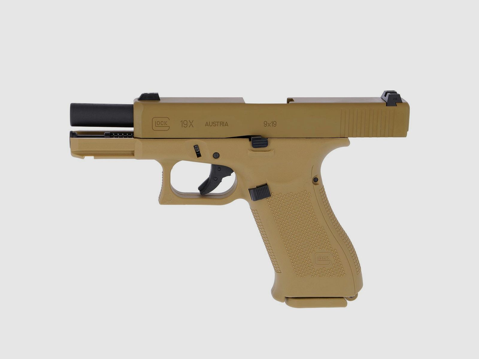 Komplettset Glock 19X Softair-Pistole Coyote Kaliber 6 mm BB  Gas Blowback (P18)
