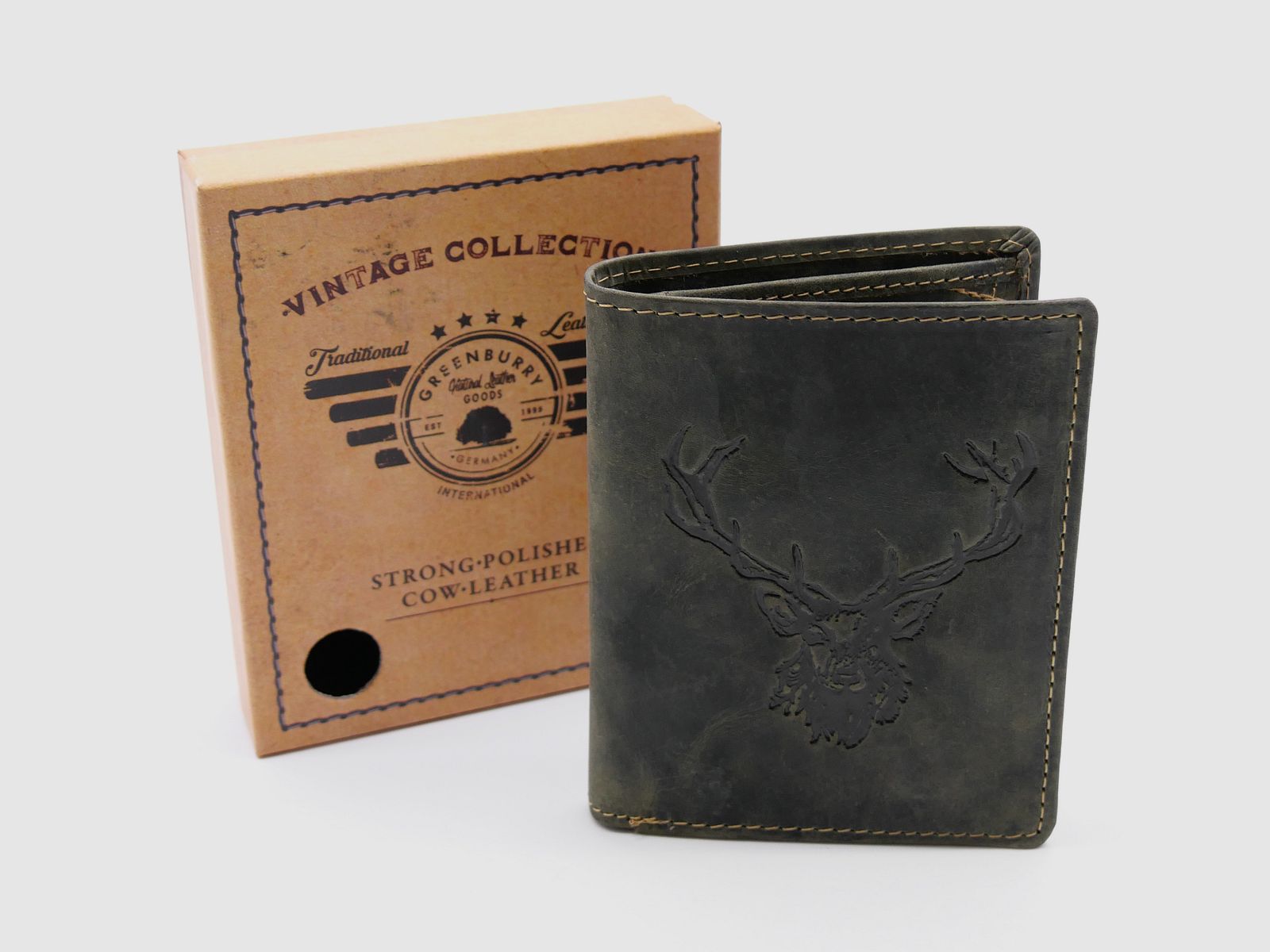 Greenburry Leder Geldbörse oliv Vintage Animal Collection Royal Stag Hirsch 1701-RS-30