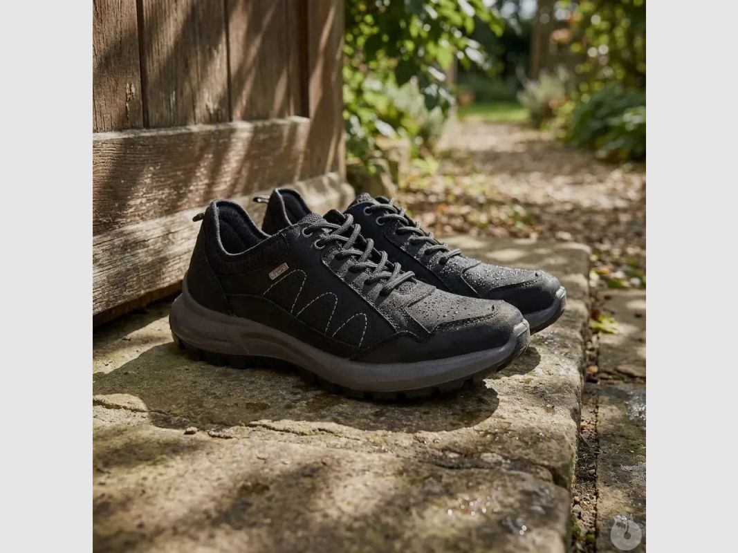 Schwarze niedrige Ayoka Dick Schuhe aus wasserdichtem Leder, Bild 1 von 14