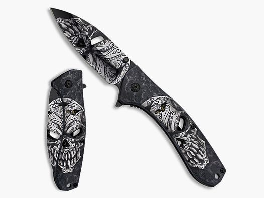 Cuchillo de bolsillo con soporte de resorte Skull - con clip para cinturón