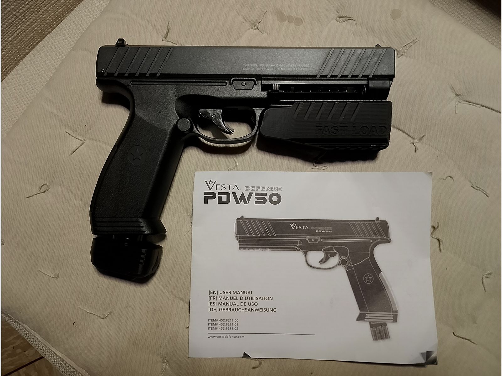 Vesta defense pdw caliber 50 RAM Paintball marker Cal .50 with upgrades magazine extension punch button