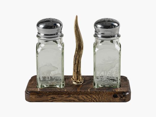 Salt & pepper shaker on oak board with deer stick