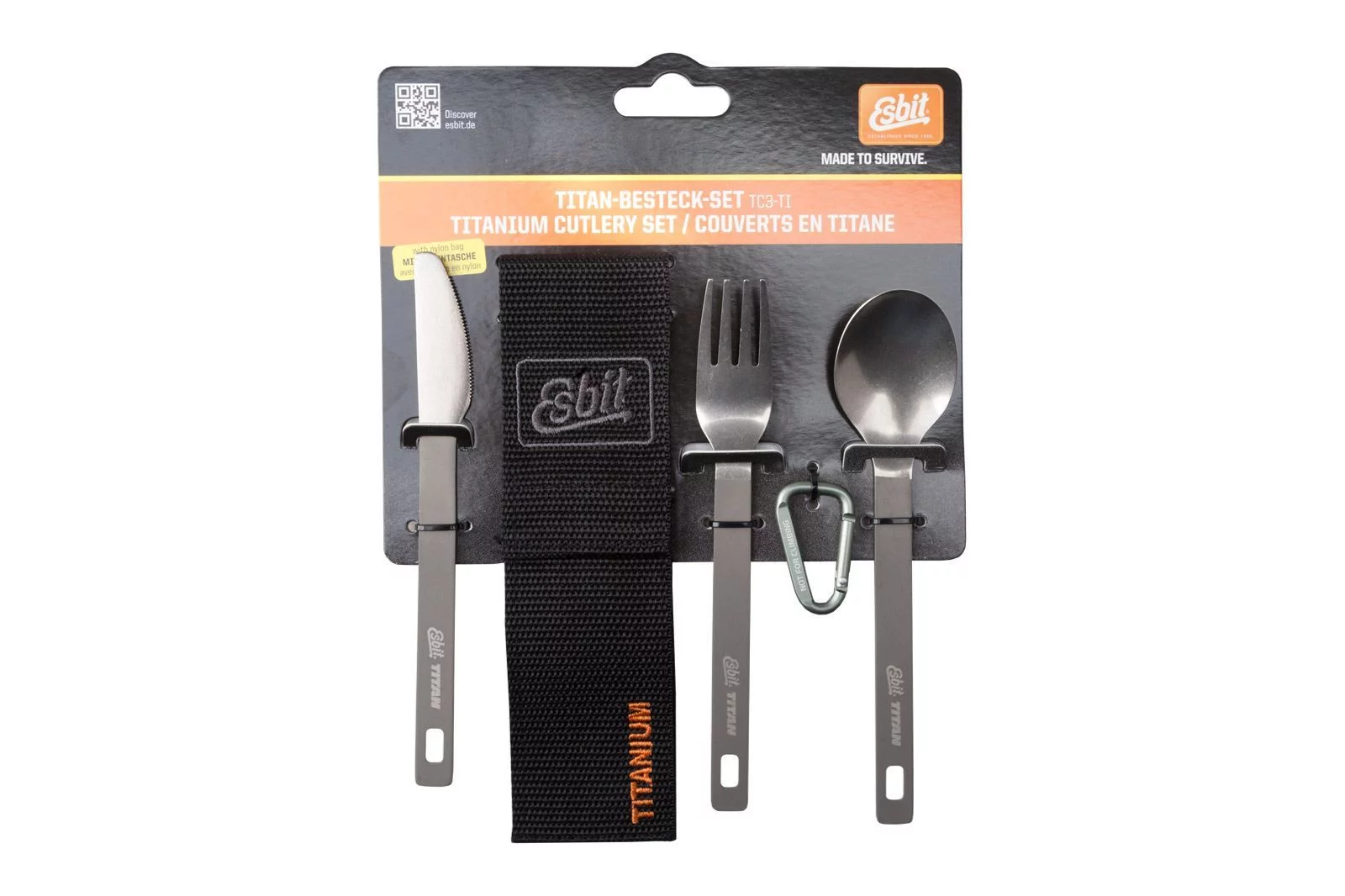 Juego de cubiertos Esbit Titanium: cuchara, tenedor, cuchillo, mosquetón, funda, imagen 8 de 8