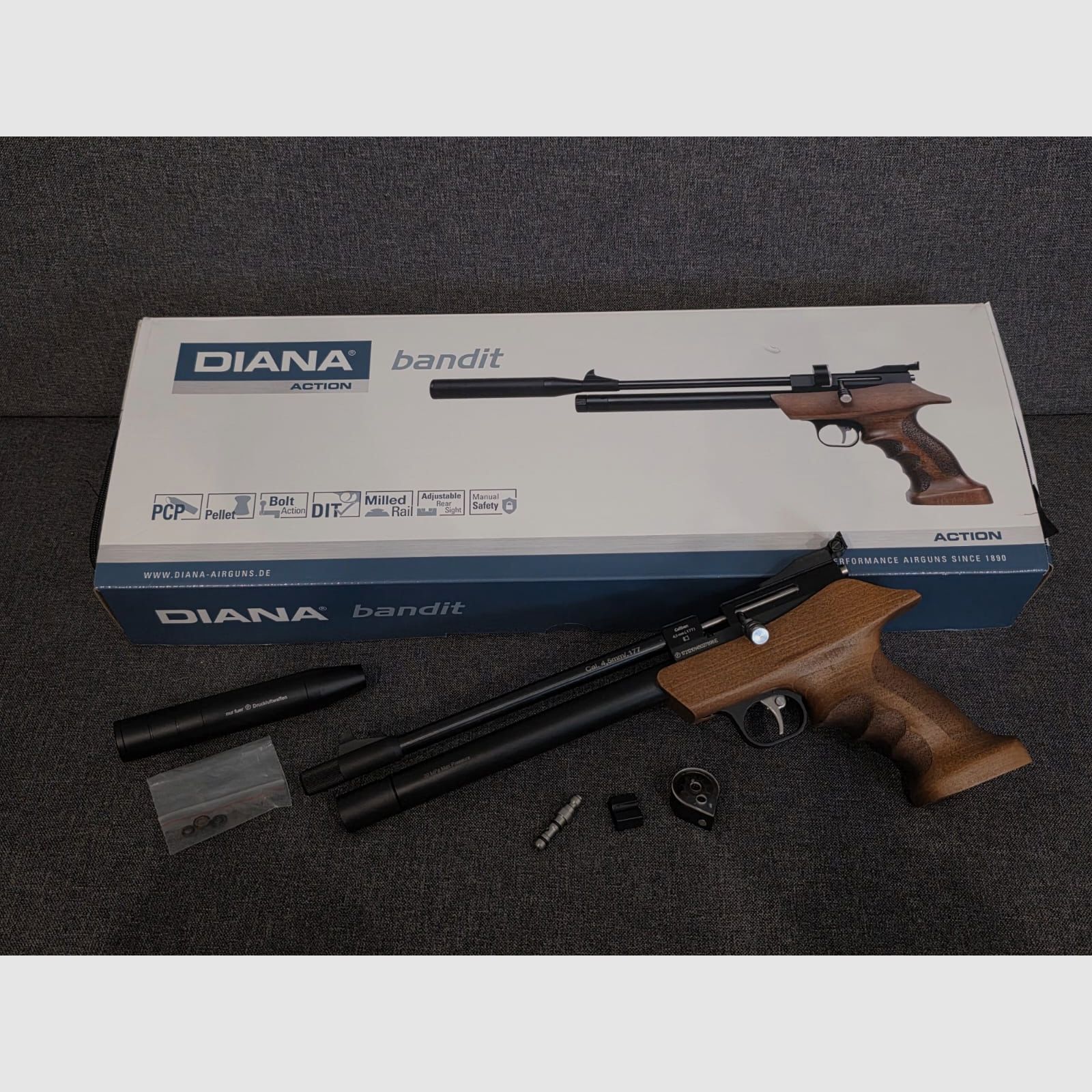 Pistola ad aria compressa Diana Bandit con regolatore 4,5 mm Diabolo .177 con silenziatore