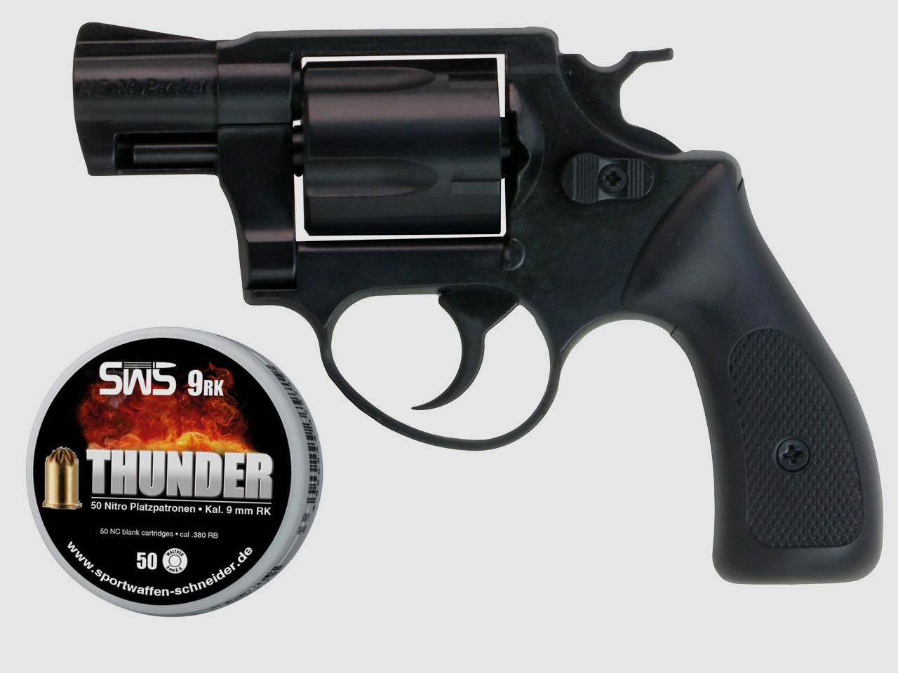 Schreckschuss Revolver Melcher ME 38 Pocket brĂĽniert Kunststoffgriff Kaliber 9 mm R.K. (P18) + 50 Schuss