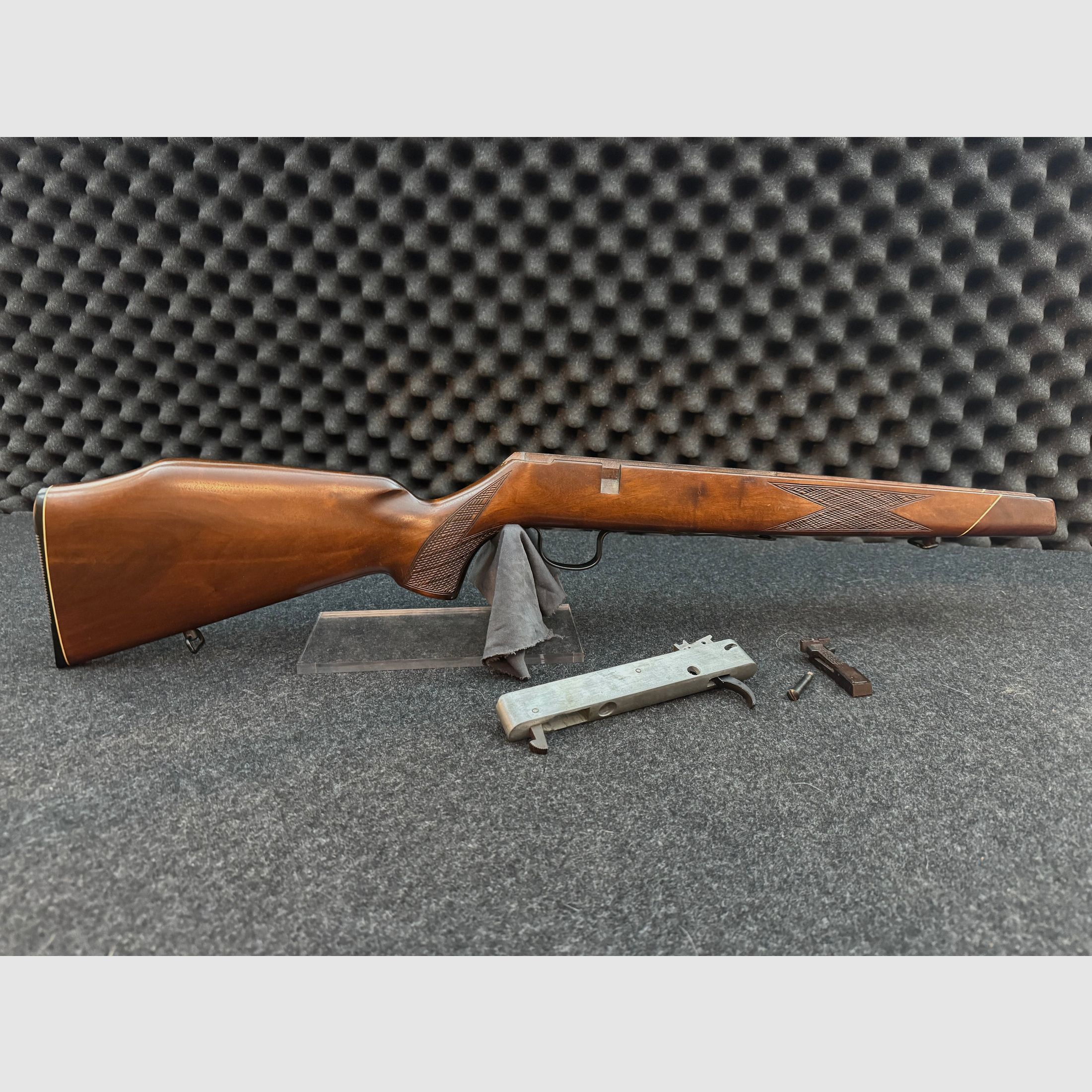 Stock and system bedding with removal and safety Voere 22lr repeating rifle