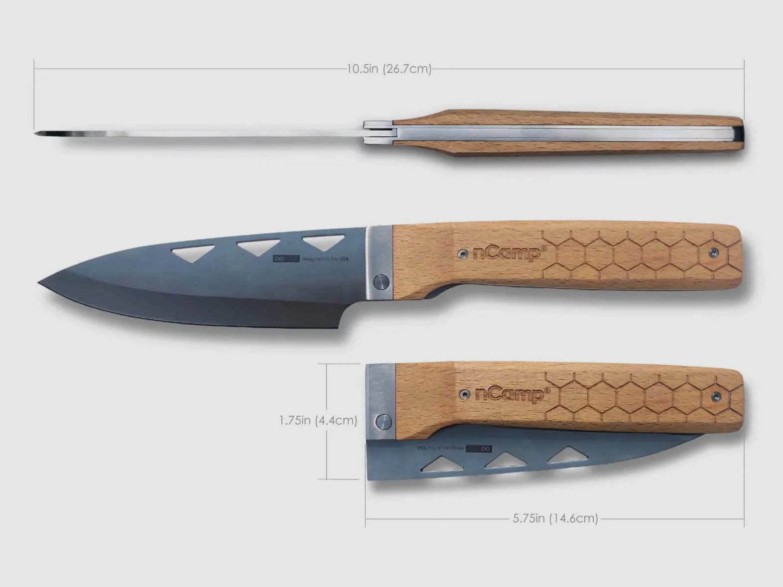 nCamp Premium Kochmesser (9cr18Mov Klinge/Buchengriff) mit Nylontasche