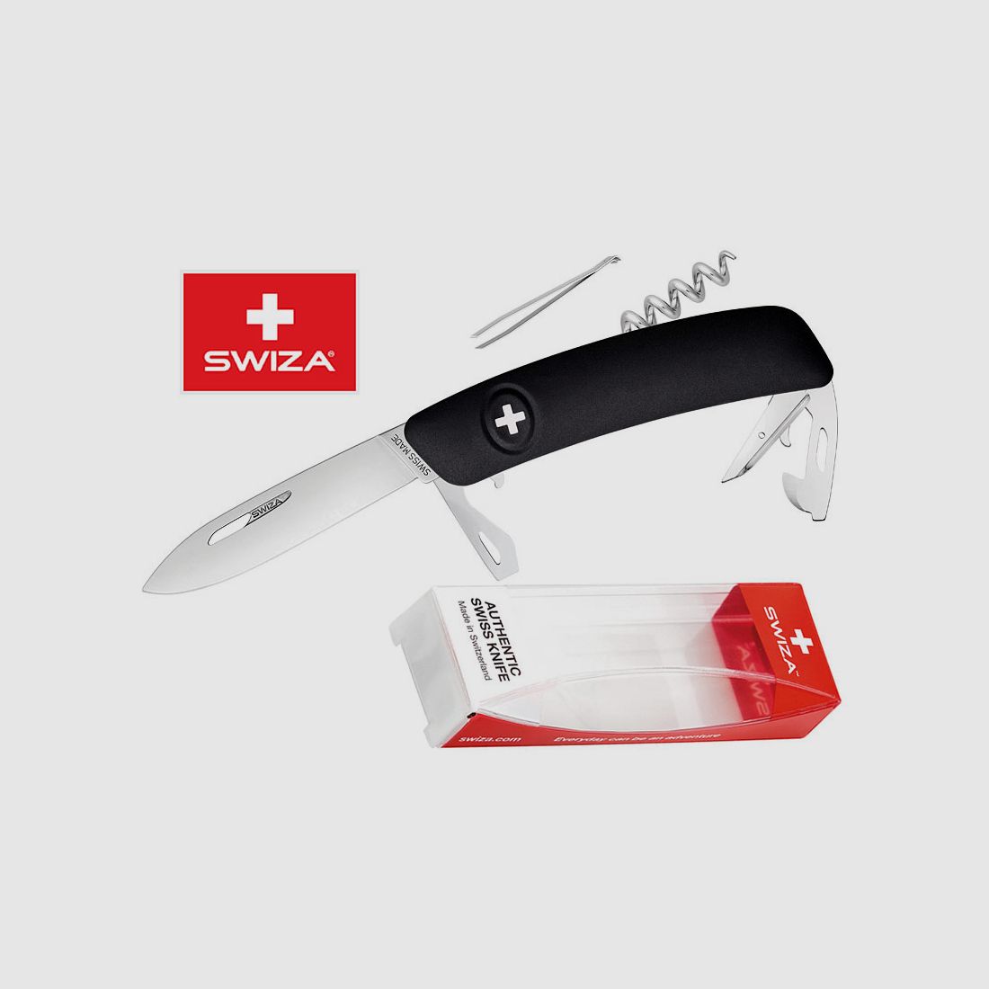 SWIZA Schweizer Messer D03, schwarz, Edelstahl 440, 11 Funktionen, Korkenzieher, Multi-Tool