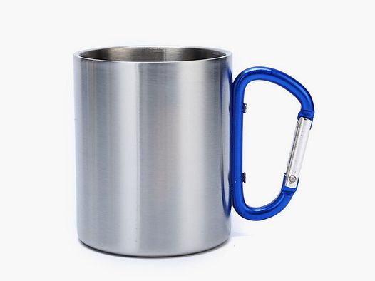 Doppelwandiger Edelstahlbecher 300ml mit blauem Karabinergriff