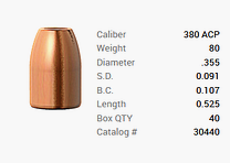 Proyectil Barnes .380 ACP/.355 80GR M/LE Tac-XP Pistol FB 40 piezas
