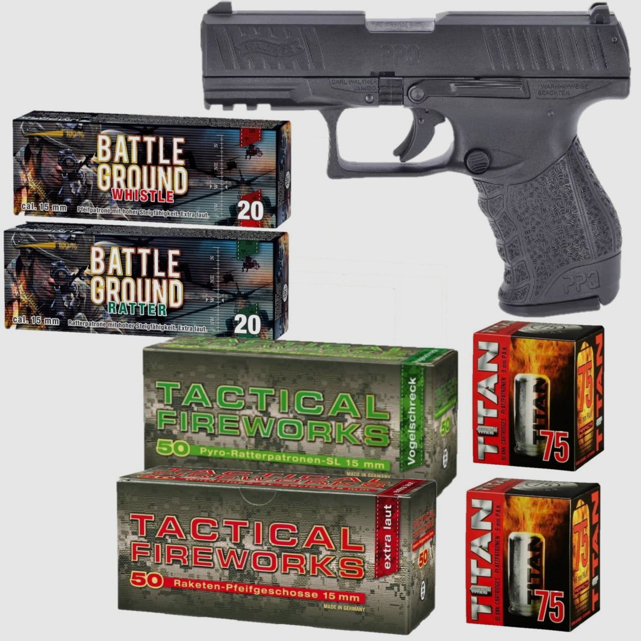 Feuerwerk Silvester Set Walther PPQ M2 Schreckschuss Pistole 9 mm P.A.K. schwarz