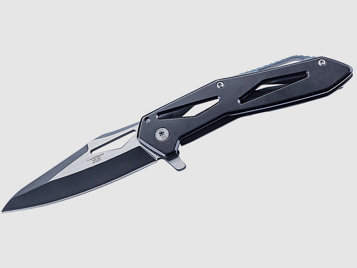 Herbertz Einhandmesser, Stahl AISI 420, Frame Lock,, kugelgelagerte Klingenachse, Skelettbauweise aus Edelstahl
