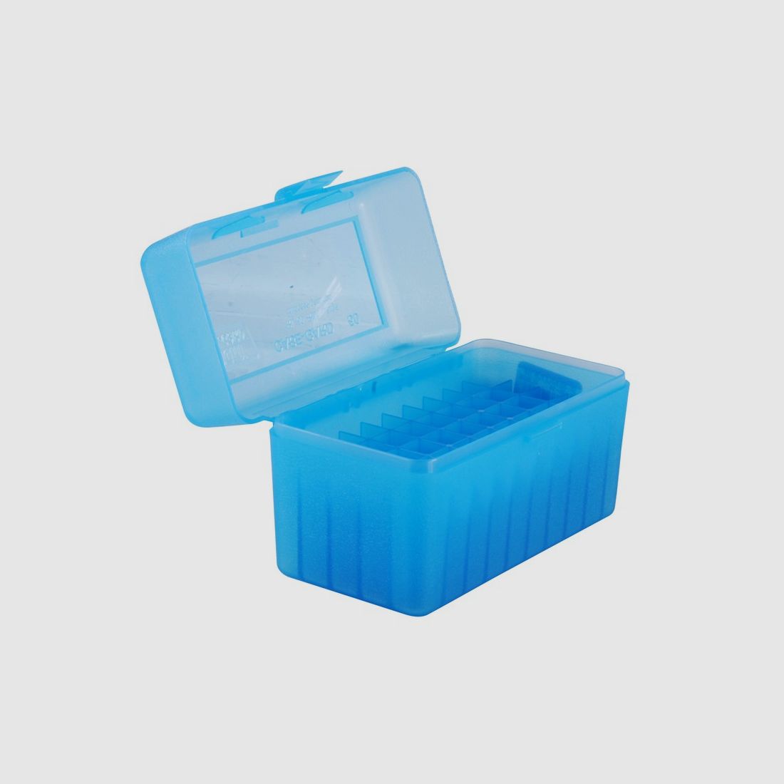 MTM cartridge box RL-50-24 blue clear with flip lid for 50 cartridges .270 and others.