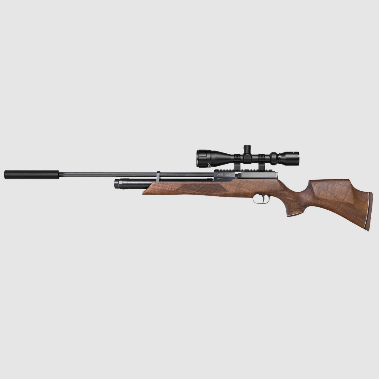 Pressluftgewehr Weihrauch HW 100 S Nussbaumholz-Sportschaft langer Lauf SchalldĂ¤mpfer Kaliber 4,5 mm (P18)