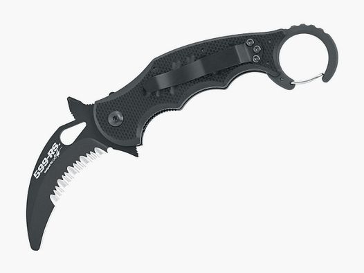 Cuchillo de bolsillo Rescue Kerambit Negro con filo parcial en sierra, destornillador de cruz y rompevidrios