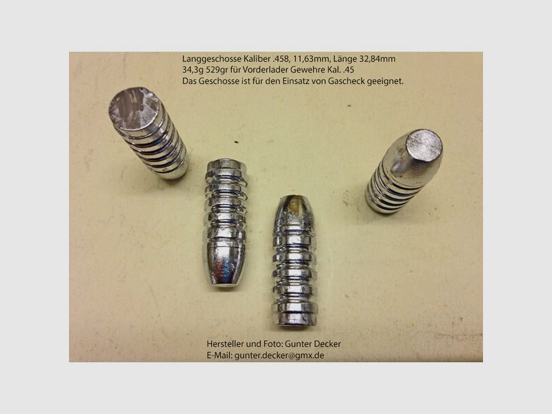 Langgeschosse Kaliber .458 11,68mm Länge 32,8mm 34,3g 529gr 5 Fettrillen für Vorderlader Gewehre .45