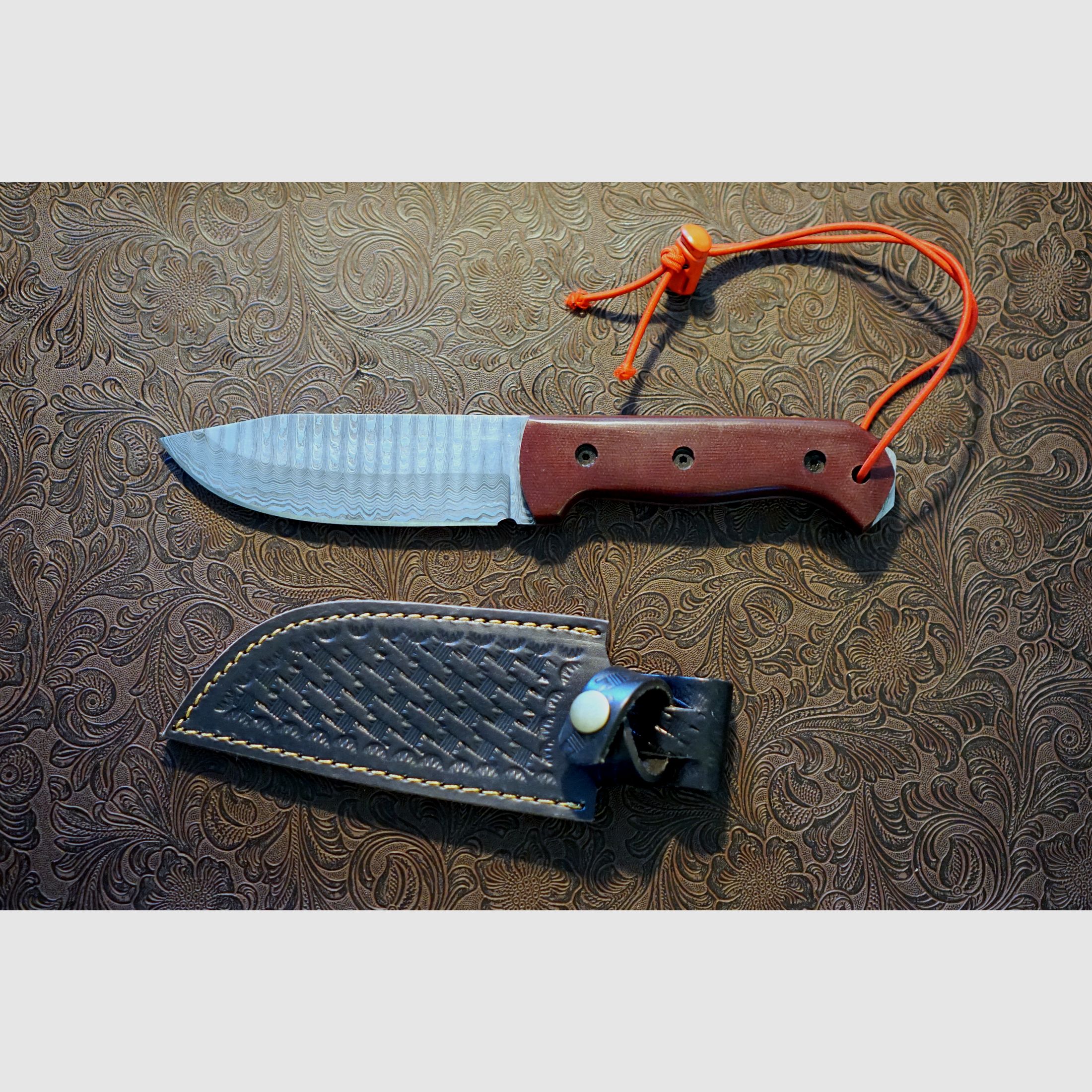 Massives Campmesser - 26,7cm - Damast Fulltang - Micarta - Lederscheide - Neu!