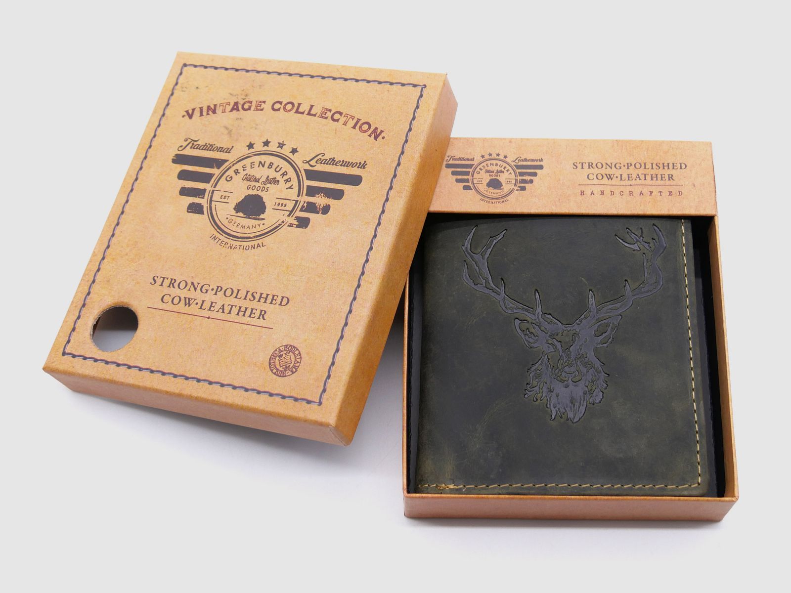 Greenburry Leder Geldbörse oliv Vintage Animal Collection Royal Stag Hirsch 1701-RS-30