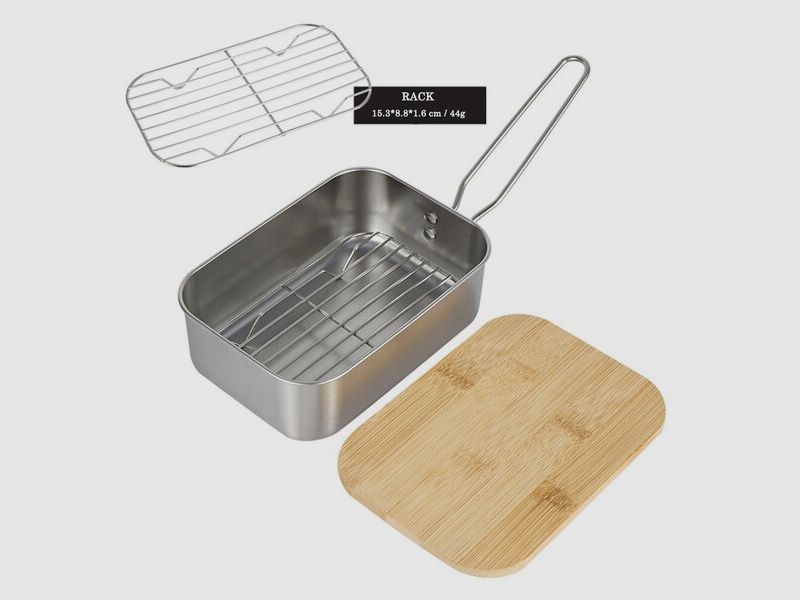 Edelstahl Lunch Box 0,9L mit Schneidebrett aus Bambusholz - auch Teller / Napf / Kochtopf / Garer