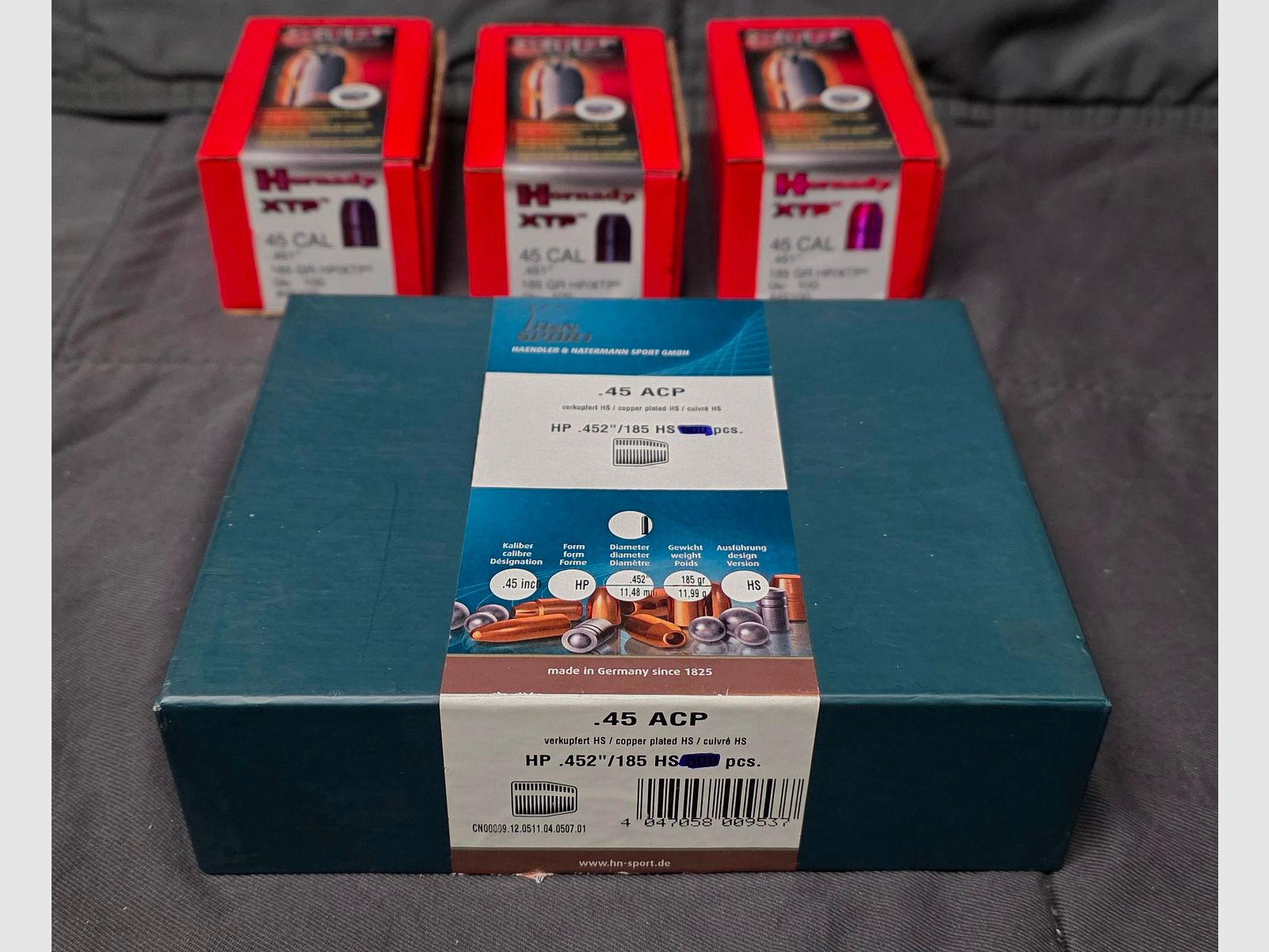 380 pièces de projectiles .45 ACP Hornady XTP + H&N Sport détaillant & Natermann