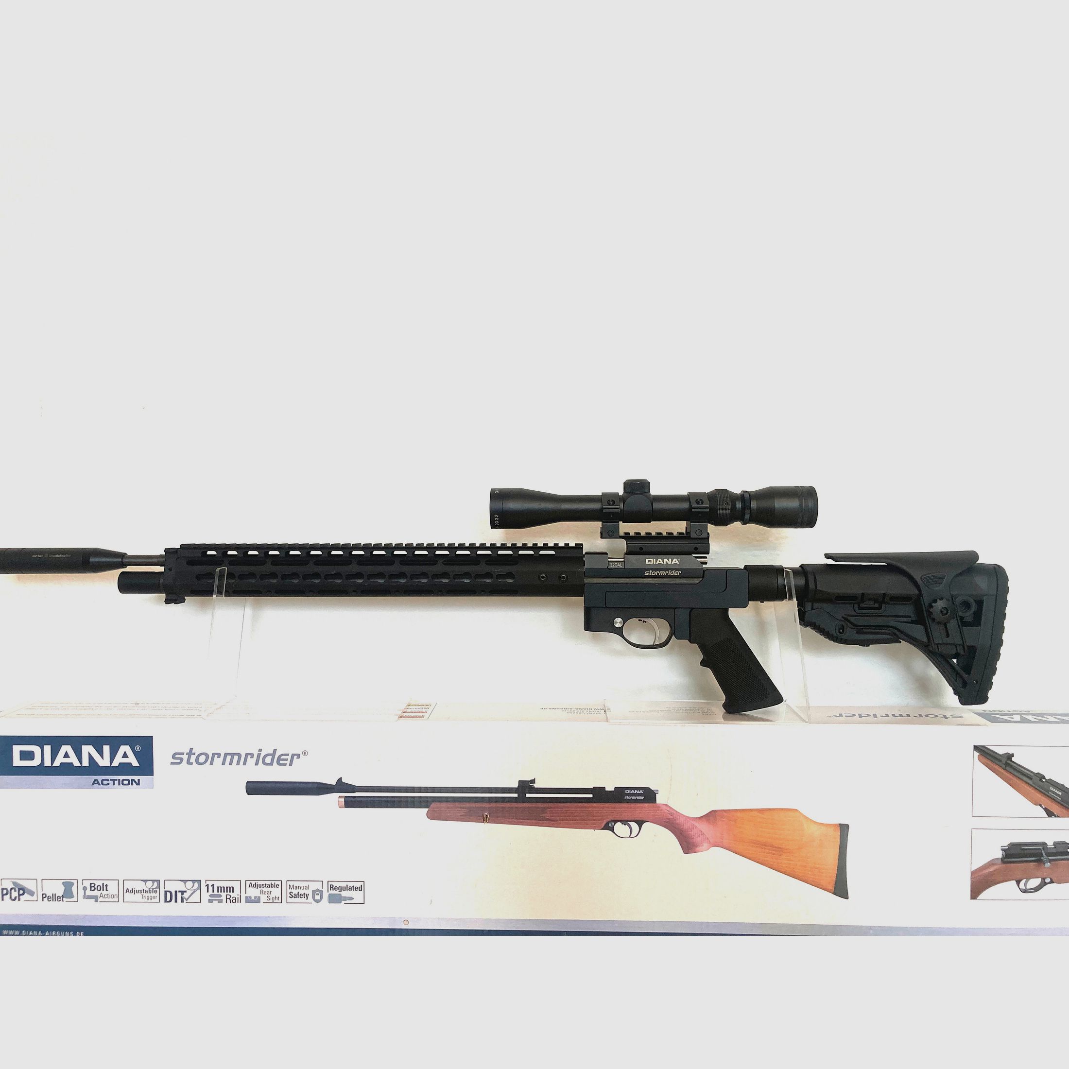 Carabine à air Diana Stormrider avec système de crosse aluminium AR15-Tactical et lunette 3-9x32, F libre dès 18 ans avec kit export 35J