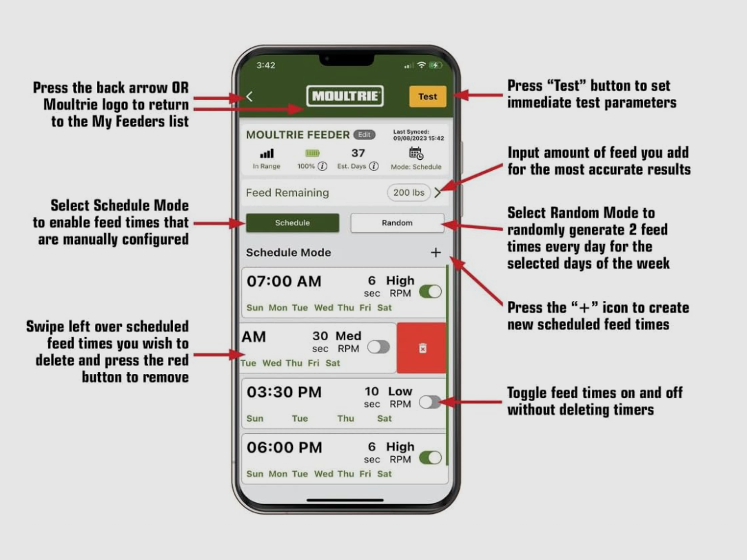 Moultrie distributeur automatique de nourriture Pro Hunter Feeder II avec Bluetooth, jusqu’à 10 horaires de nourrissage réglables par jour, image 7 sur 7
