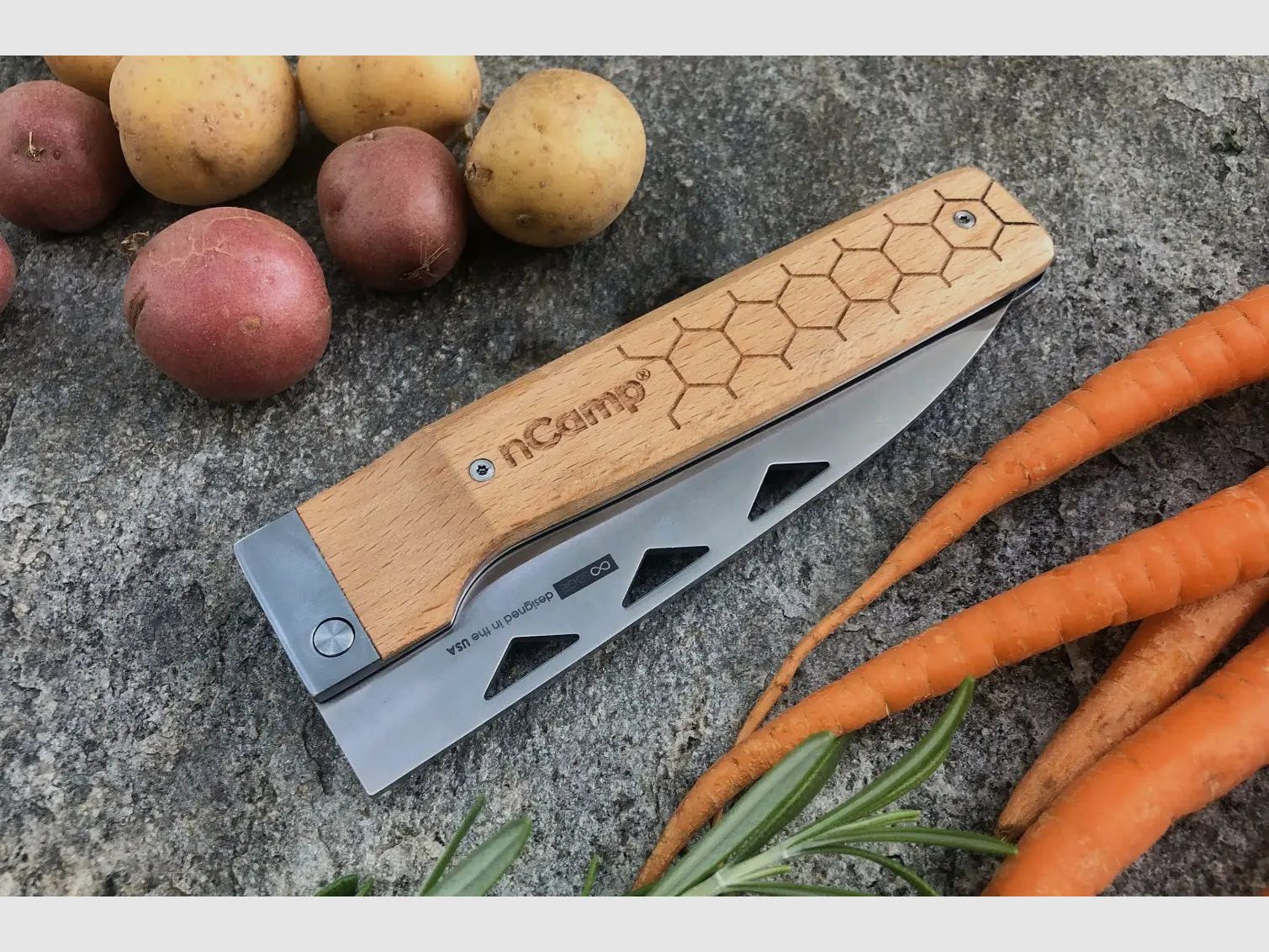 nCamp Premium Kochmesser (9cr18Mov Klinge/Buchengriff) mit Nylontasche