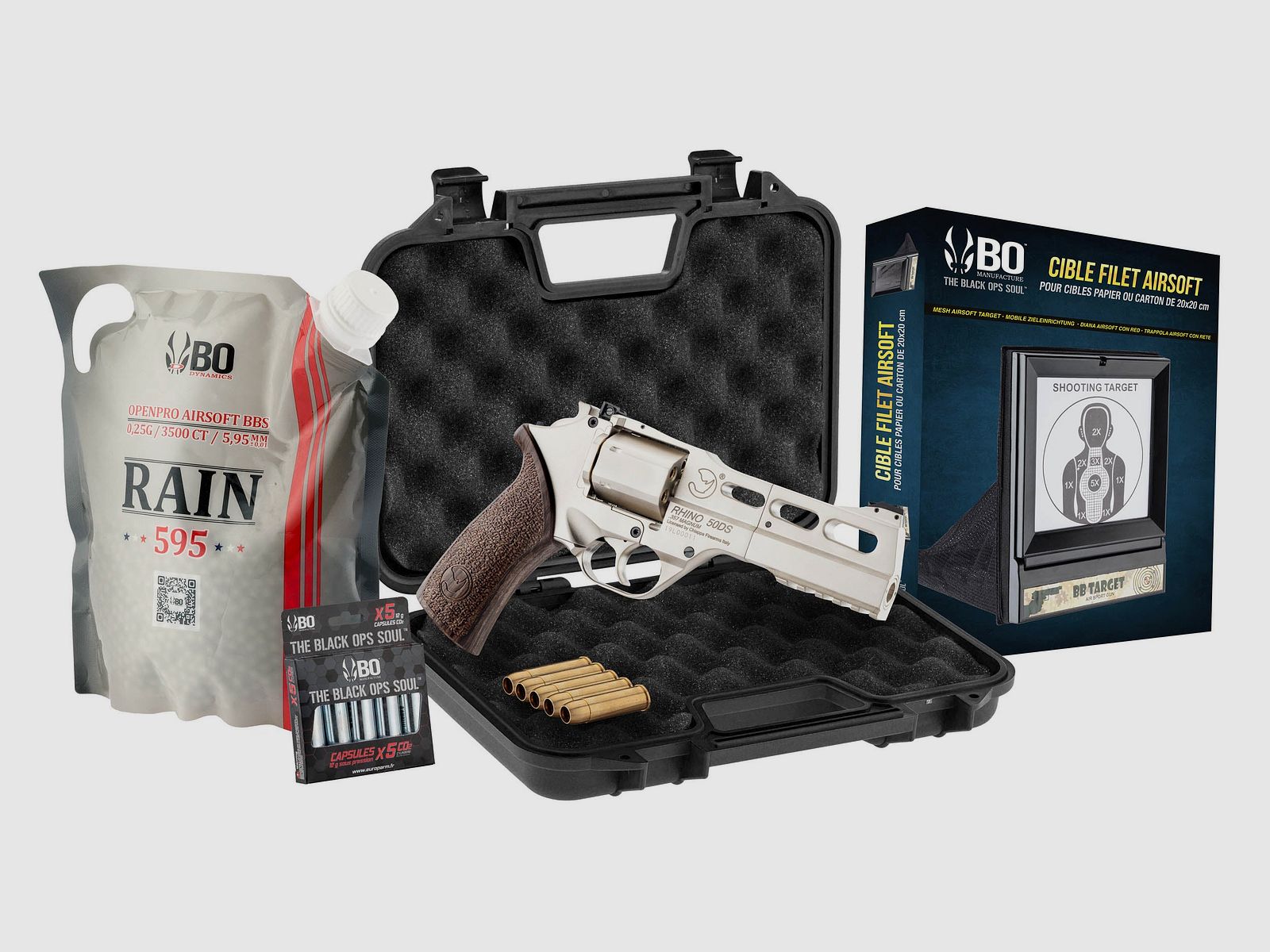 PACK AIRSOFT REVOLVER CO2 CHIAPPA RHINO 50DS + CO2 + BBs + ZIEL + MALLETTE