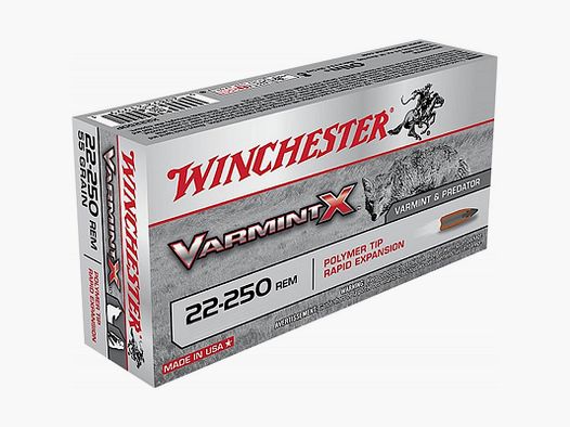 CAJA DE 20 PATRONES 22-250 REM WINCHESTER VARMINT SIN PLOMO X 38G