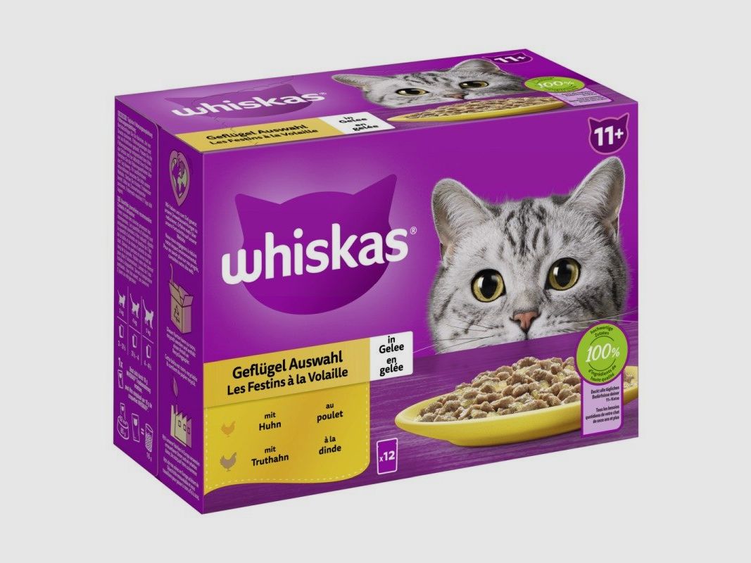 Whiskas Katzen Nassfutter Portionsbeutel in Gelee Multipack 11+ Geflügel Auswahl 4 x 12 x 85 g